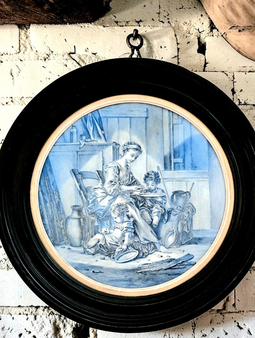 Framed L.M&Cie French Fiaence Porcelain Creamware 1800s Blue & White Decor